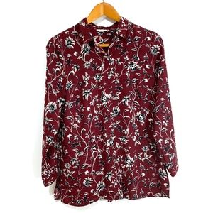 J. Jill Maroon Floral Print Button-down Blouse